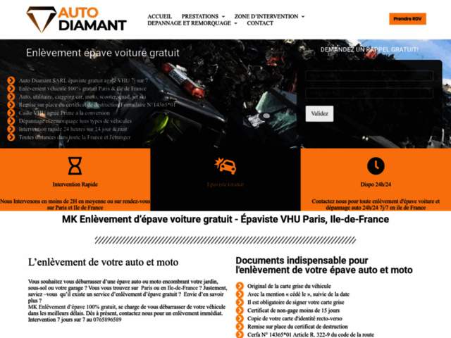› Voir plus d'informations : AUTO DIAMANT SARL dépannage et remorquage 24h/24 Enlèvement Épave Voiture gratuit en île de France - Épaviste VHU Agréé